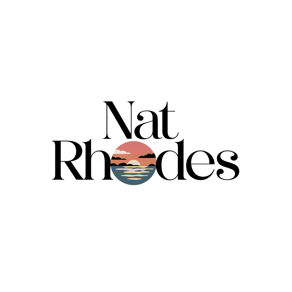 Nat Rhodes logo with the letter 'o' represented by a sunset